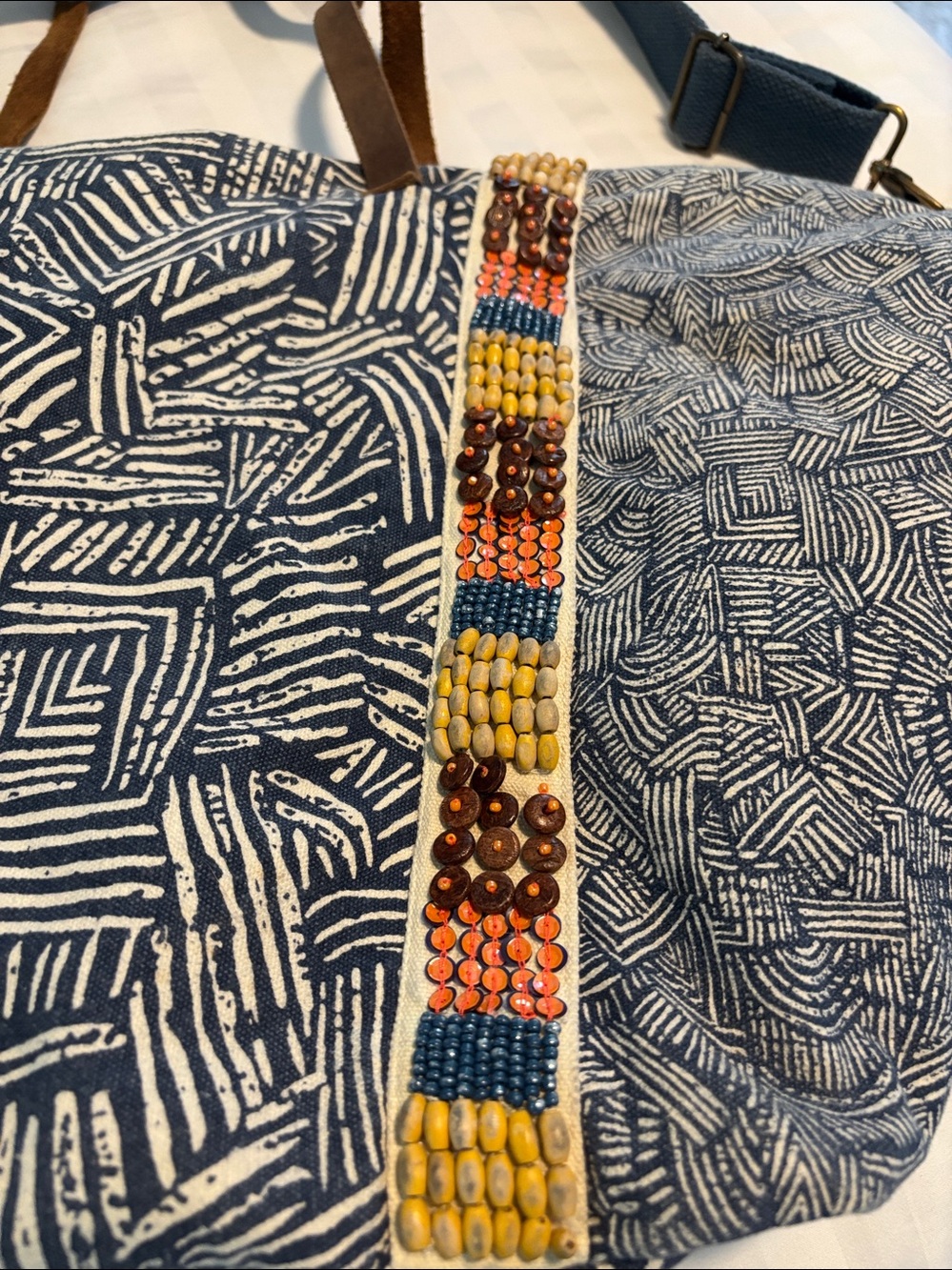 Anthropologie Jasper & Jeera Teresa Weekender Blue & White Leather Trims Bag - Picture 11 of 15